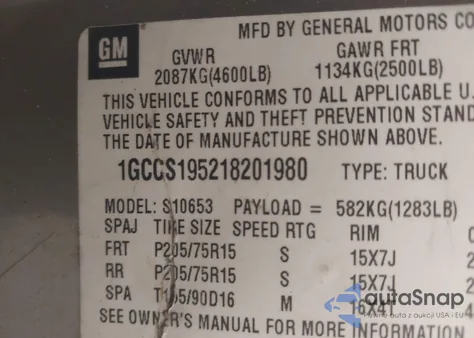 2001 Chevrolet S-10 z USA, uszkodzony, nr VIN 1GCCS195218201980